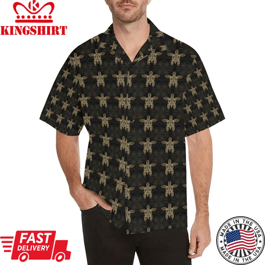 Gold Tribal Turtle Polynesian Design Trendy Hawaiian Shirt, Turtle Lover Trendy Hawaiian Shirt For