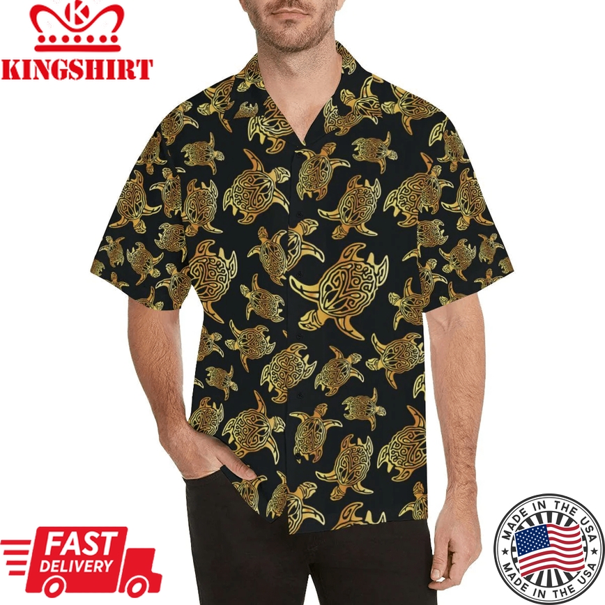 Gold Tribal Turtle Polynesian Themed Trendy Hawaiian Shirt, Turtle Lover Trendy Hawaiian Shirt For