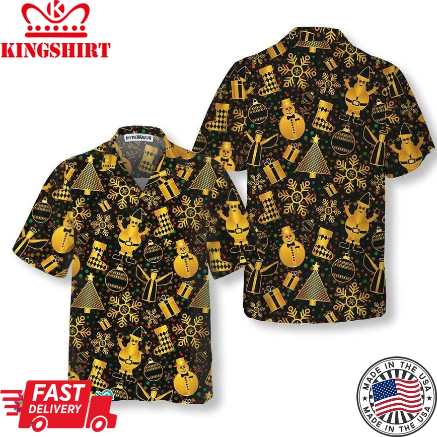 Golden Christmas Elements Hawaiian Shirt, Funny Christmas Shirt For Men, Best Xmas Gift Idea