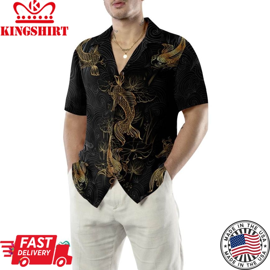 Golden Koi Fish On Waves Hawaiian Shirt