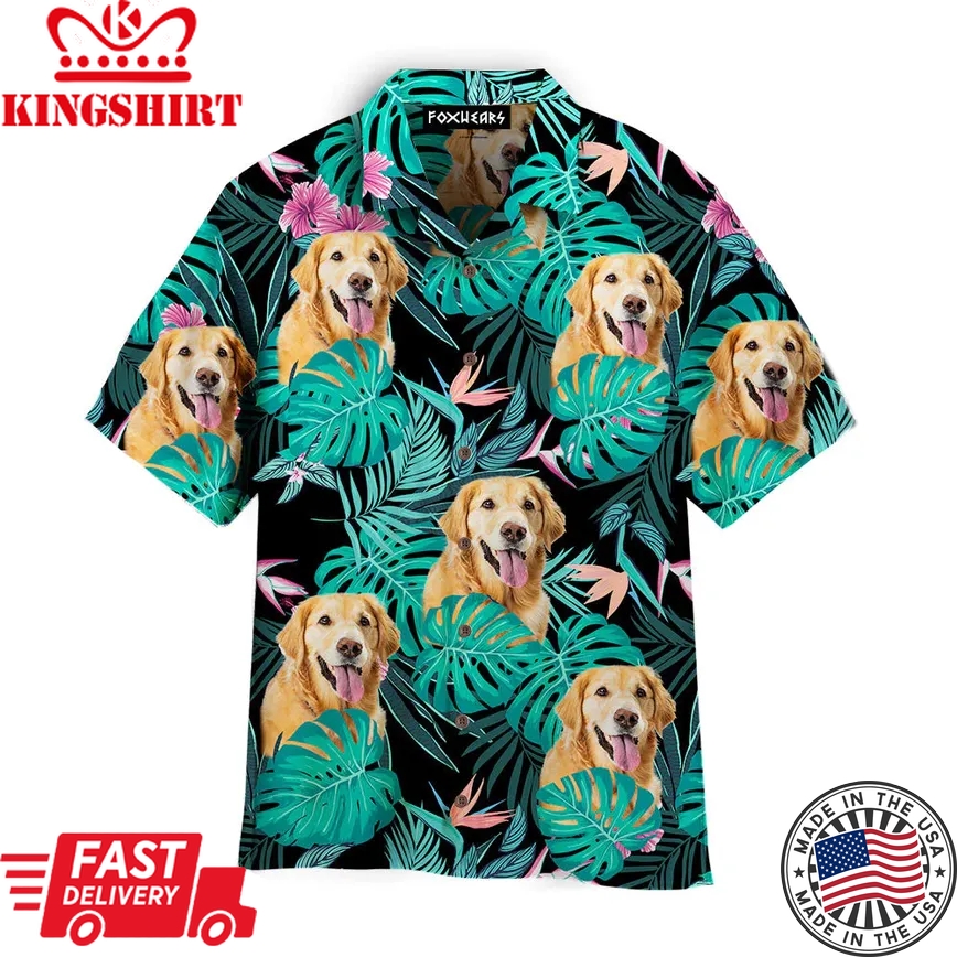 Golden Retriever Dog Palm Leaves Tropical Pattern Trendy Hawaiian Shirt