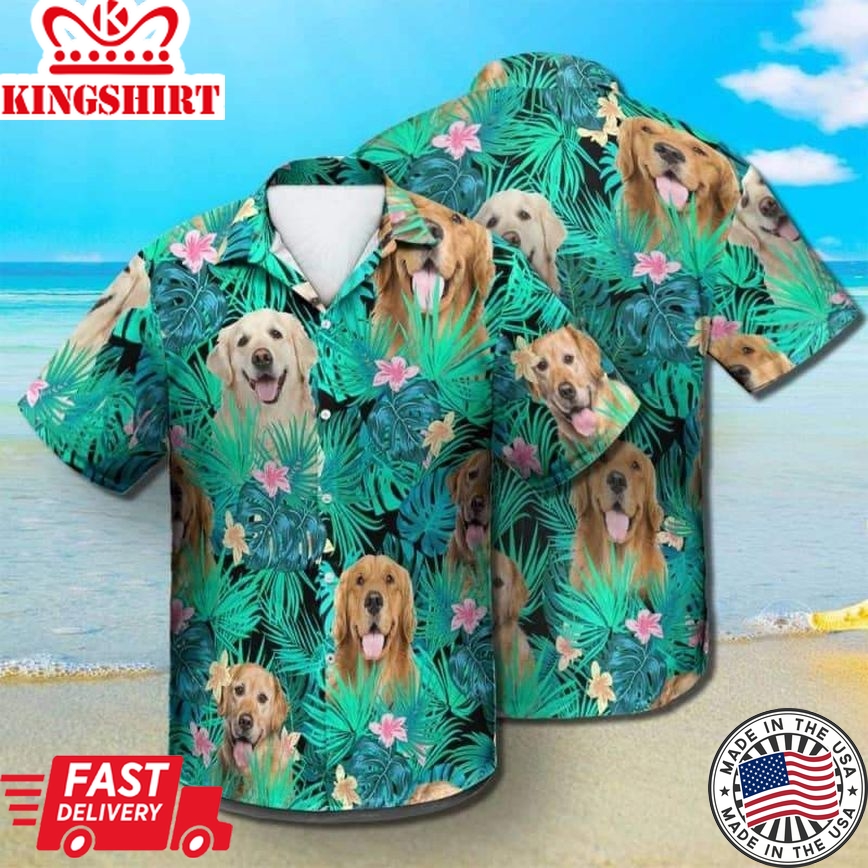 Golden Retriever Dog Summer Leaves Trendy Hawaiian Shirt, Golden Trendy Hawaiian Shirt, Aloha Shirt For Dog Lover Summer Gifts