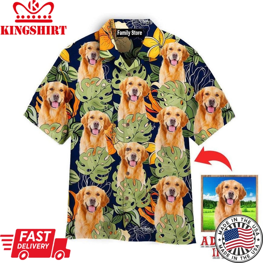 Golden Retriever Dog With Vintage Tropical Leaves Custom Hawaiian Shirt