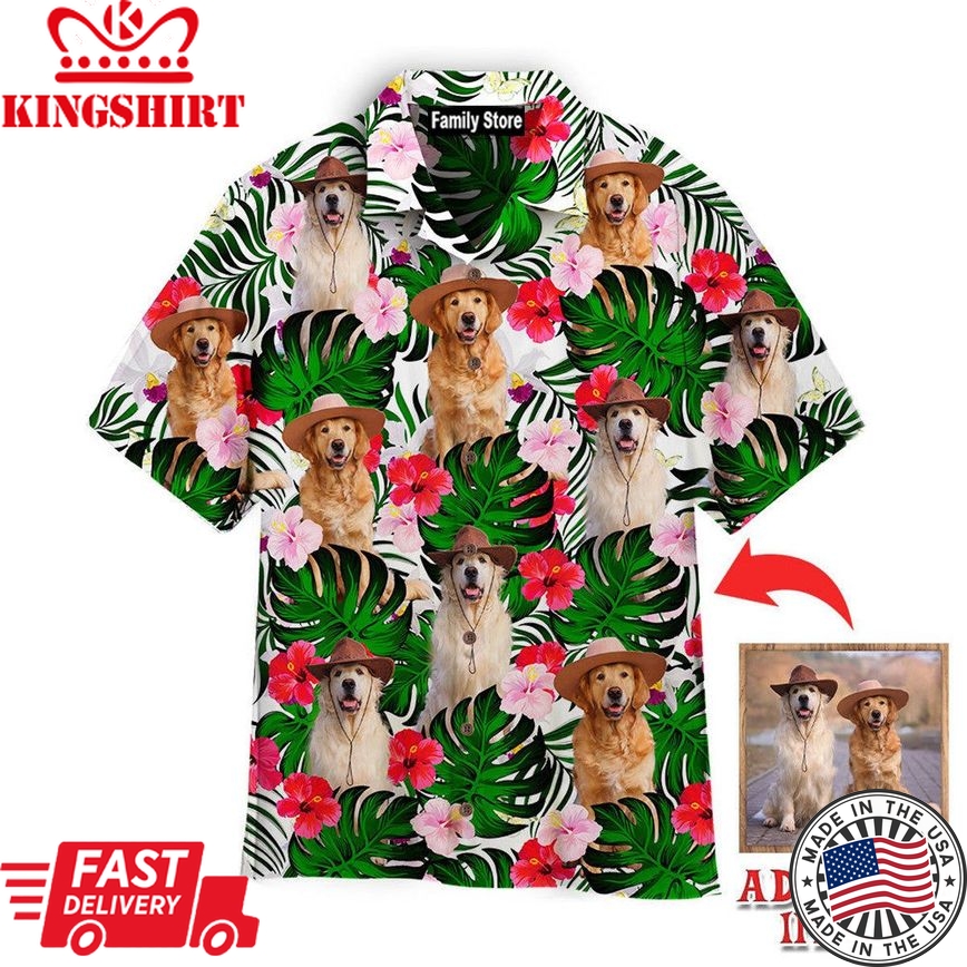 Golden Retriever Dogs Sitting Palm Leaves Custom Hawaiian Shirt