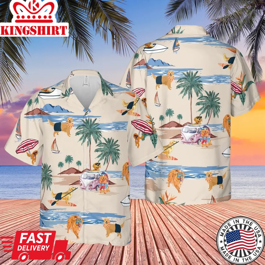 Golden Retriever Summer Beach Trendy Hawaiian Shirt, Dog Beach Short Sleeve Trendy Hawaiian Shirt