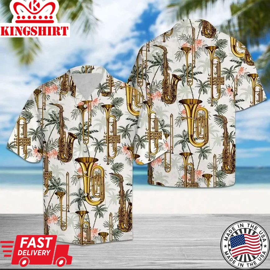 Golden Saxophone With Palm Trees In White Hawaiian Shirt