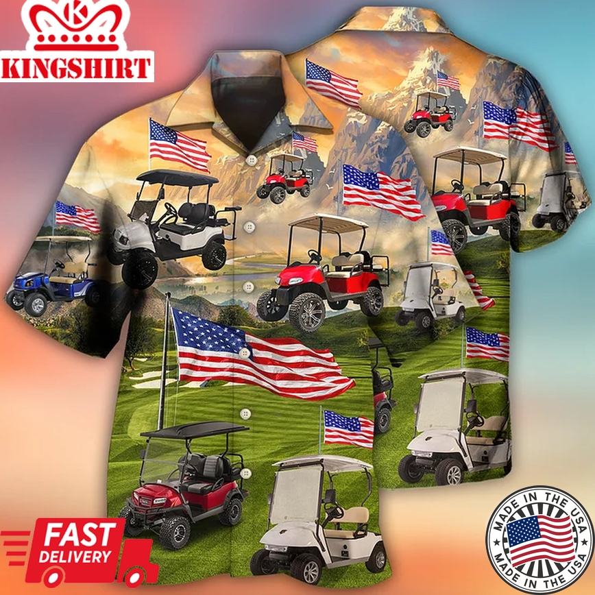 Golf Aloha Trendy Hawaiian Shirts For Summer, Golf Club Car Usa Flag Independence Day Trendy Hawaiian Shirts For Men Women