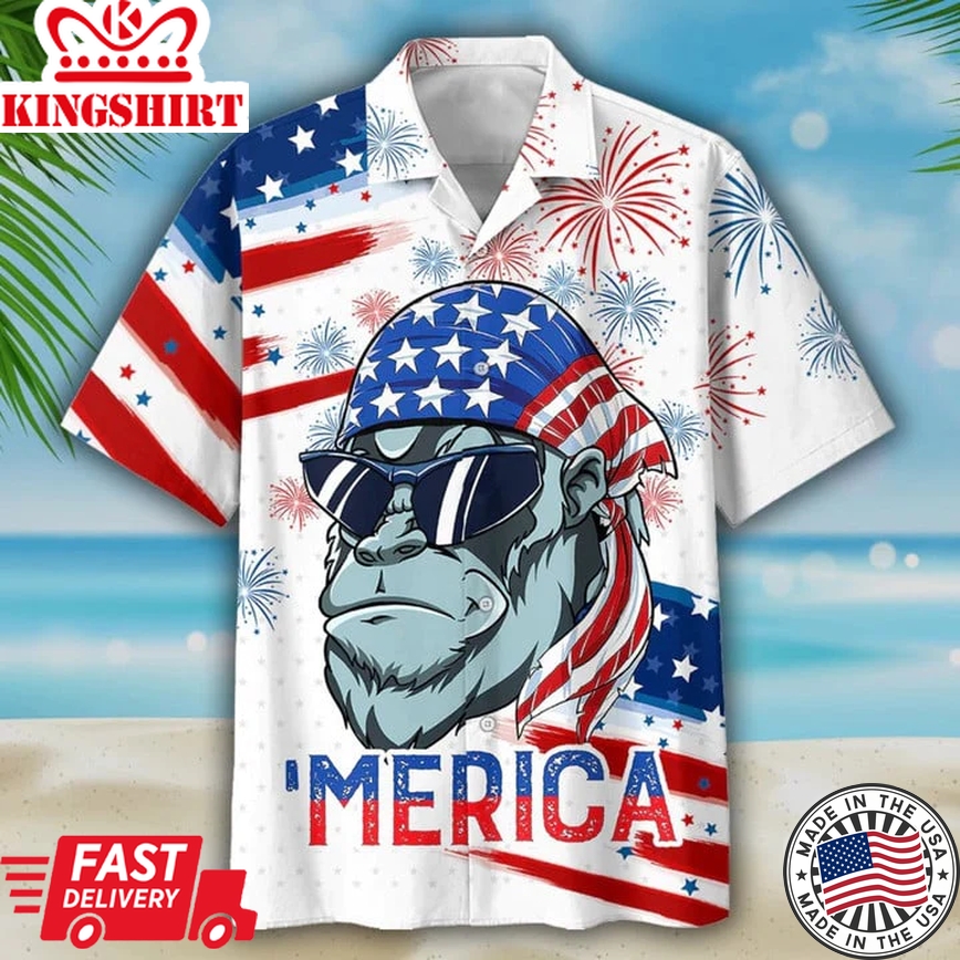 Gorila Trendy Hawaiian Shirt For Independence's Day, Usa Flag Pattern Merica Trendy Hawaiian Shirt, Patriotic Hawaii Shirt