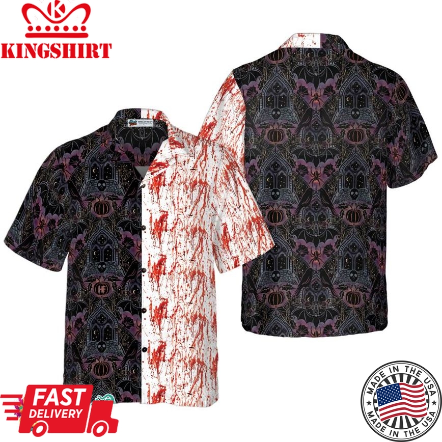 Gothic Halloween Blood Hawaiian Shirt For Men, Satanic Bat And Spider Goth Hawaiian Shirt