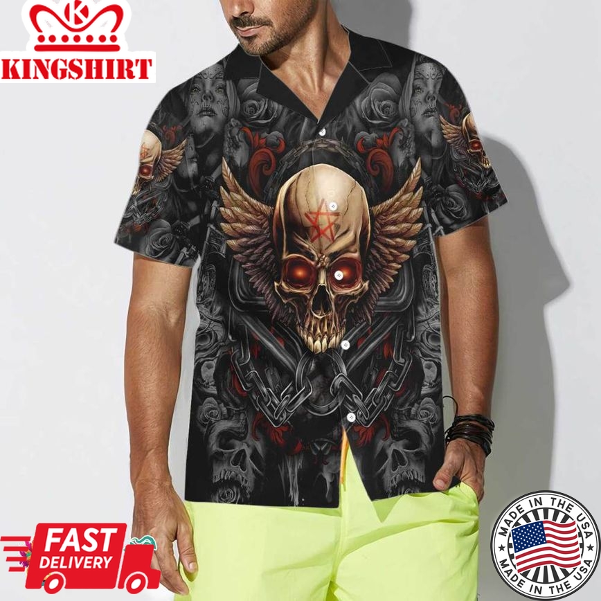 Gothic Skull Biker Hawaiian Shirt, Pentagrama Skull Goth Shirt For Men And Women