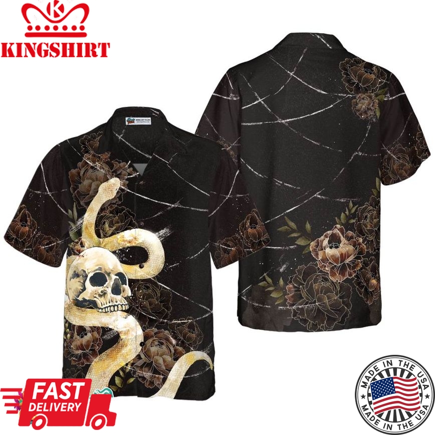 Gothic Skull With Snake Hawaiian Shirt For Men, Black Peony Flowers Goth Hawaiian Shirt