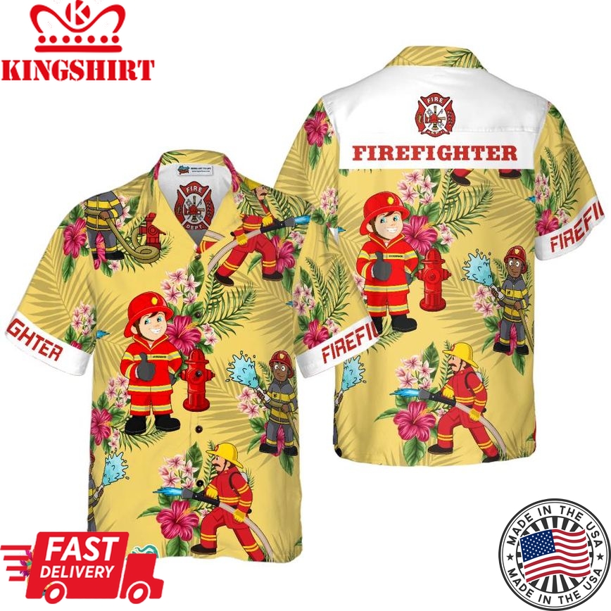 Graphic Proud Firefighter Hawaiian Shirt, Cream Tropical Floral Firefighter Shirt For Men