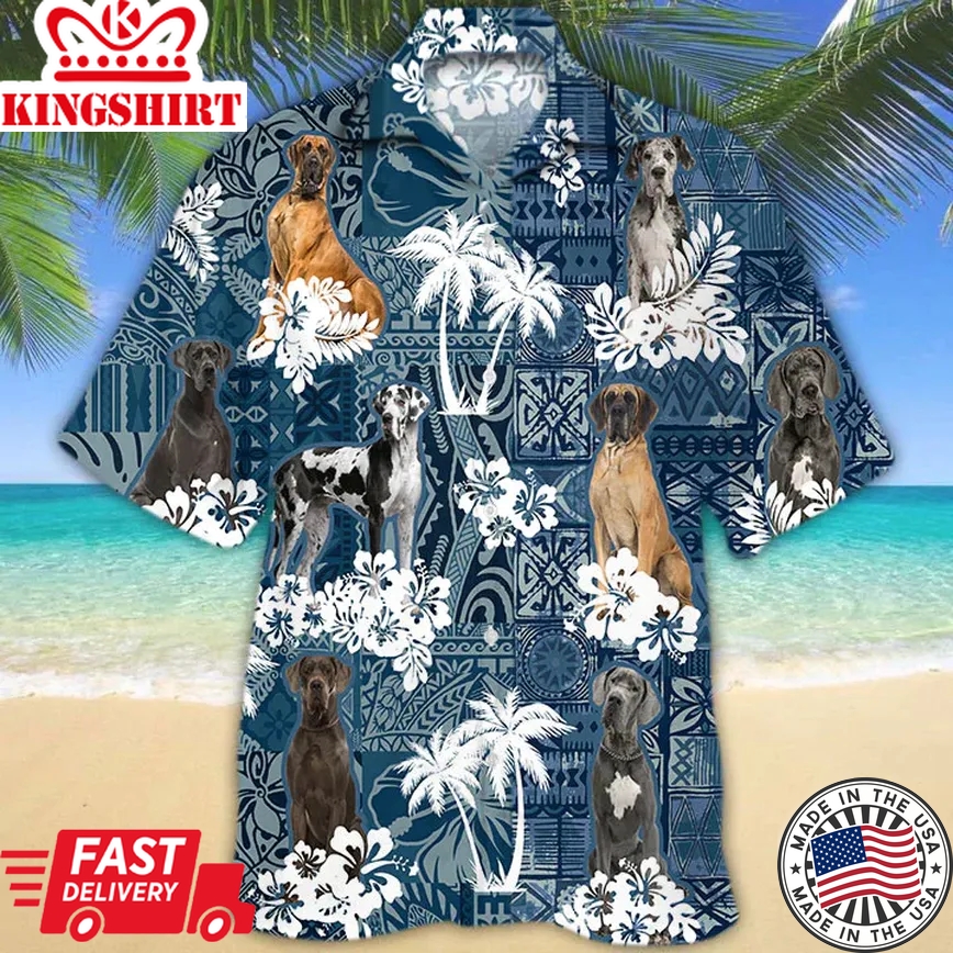 Great Dane Trendy Hawaiian Shirt, Great Dane Aloha Shirt, Flower Dog Short Sleeve Hawaiian Aloha Shirt For Men, Women