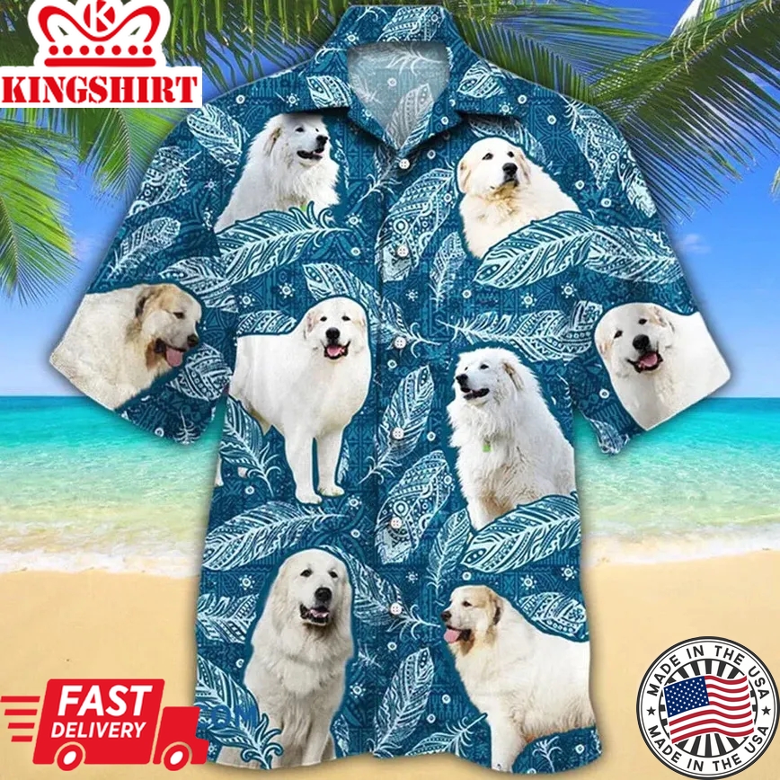 Great Pyrenees Dog Lovers Blue Feather Hawaii Trendy Hawaiian Shirt