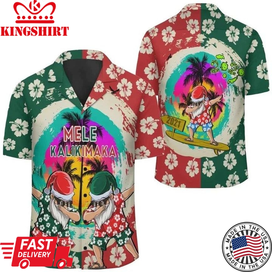 Green And Red Hawaii Mele Kalikimaka Dabbing Santa Surfing Hawaiian Shirt, Summer Short Sleeve Hawaiian Aloha Shirt