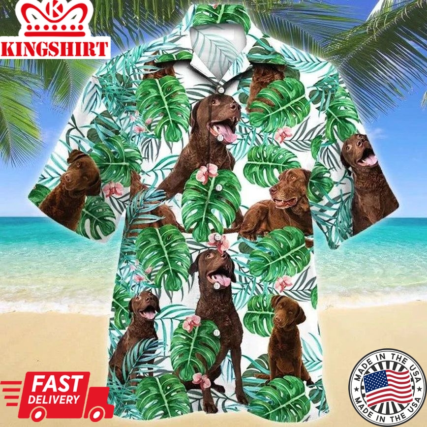 Green And White Theme Chesapeake Bay Retriever Dog Tropical Plant Hawaiian Shirt