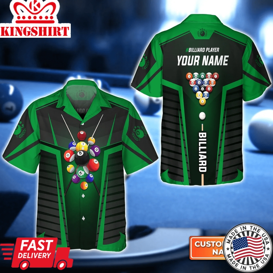 Green Billiard Balls Personalized Name Billiard Trendy Hawaiian Shirt, Gift For Billiard Players