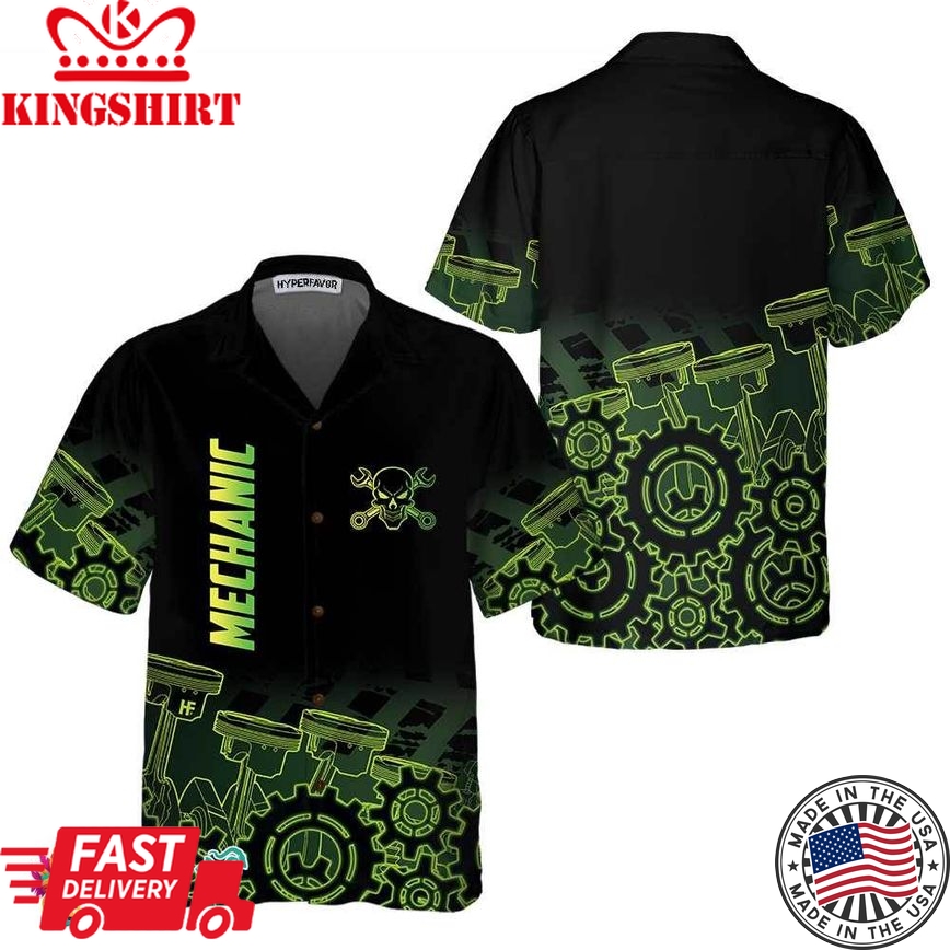 Green Steampunk Mechanic Hawaiian Shirt, Button Up Mechanic Shirt For Men, Cool Mechanic Gift