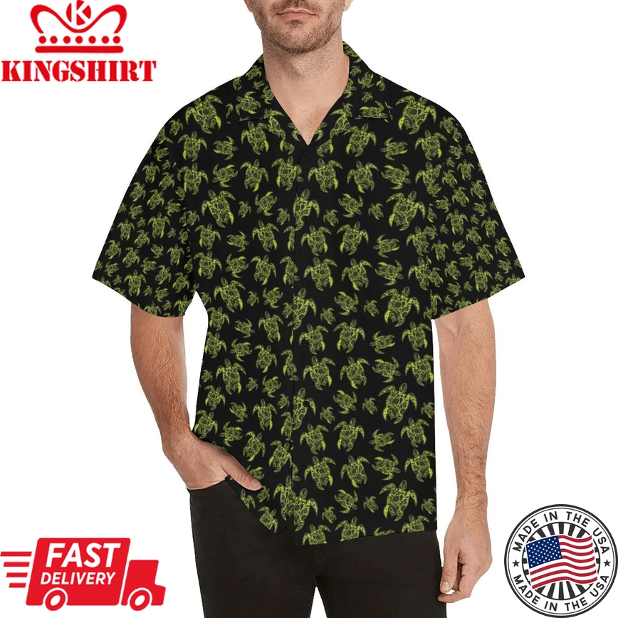 Green Tribal Turtle Polynesian Themed Trendy Hawaiian Shirt, Turtle Lover Trendy Hawaiian Shirt For