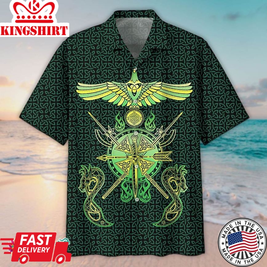 Green Viking Raven And Dragon Hawaiian Aloha Beach Shirt