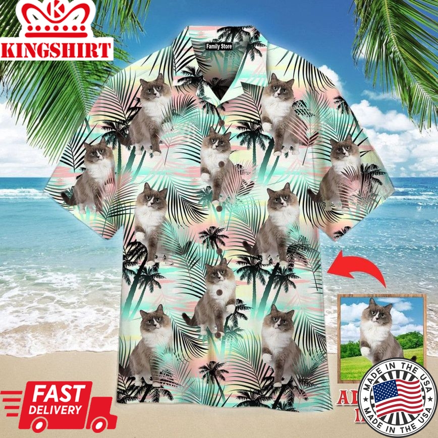 Grey Mink Ragdoll Cat Standing With Tropical Custom Hawaiian Shirt