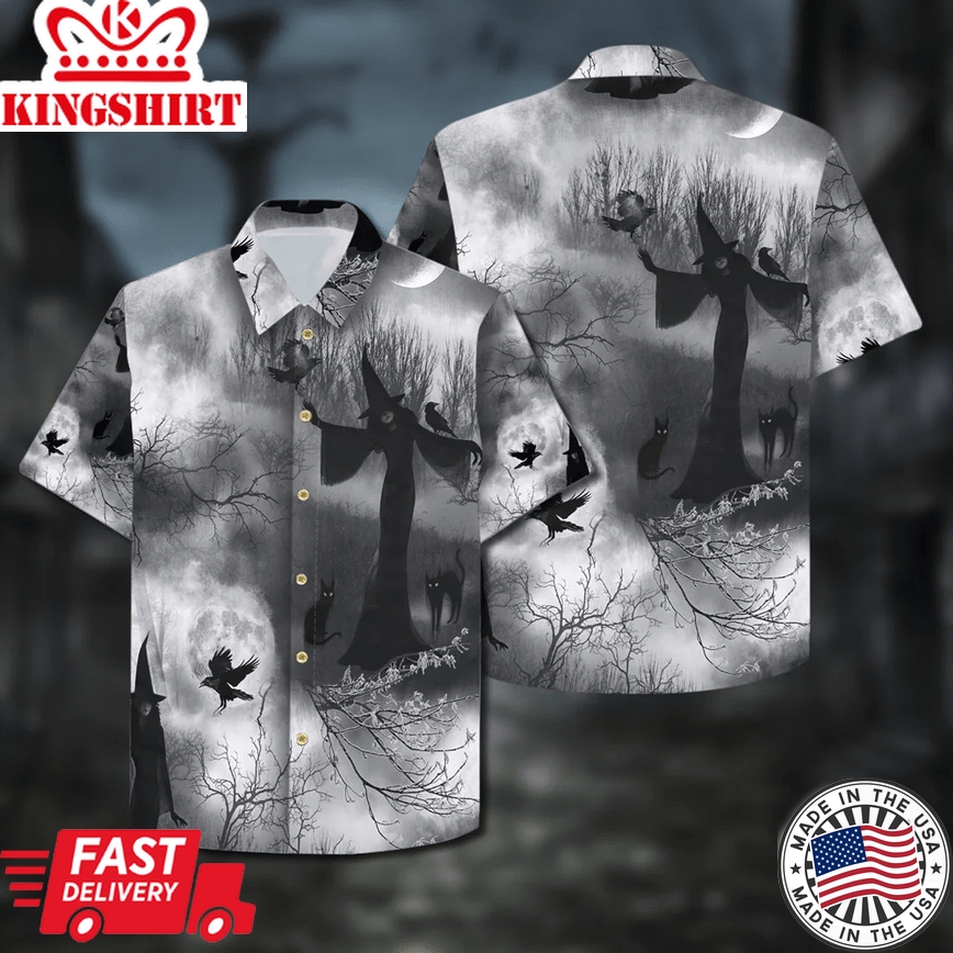 Grey Wicked Fog Witch Halloween Trendy Hawaiian Shirt, Unisex Print Aloha Short Sleeve Casual Shirt