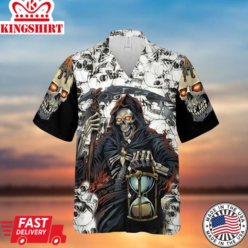 Grim Reaper Keeps Track Of Time Halloween Trendy Hawaiian Shirt, Unisex Print Aloha Short Sleeve Casual Shirt