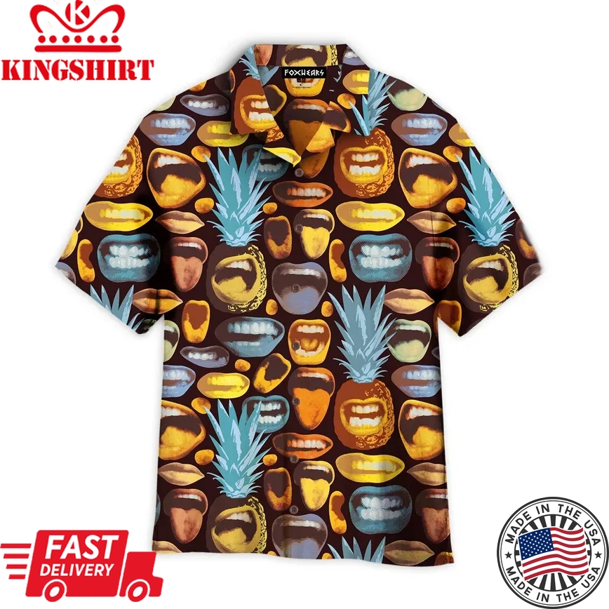 Grimasing Pineapples And Funny Human Mouths Pattern Trendy Hawaiian Shirt Aloha Shirt