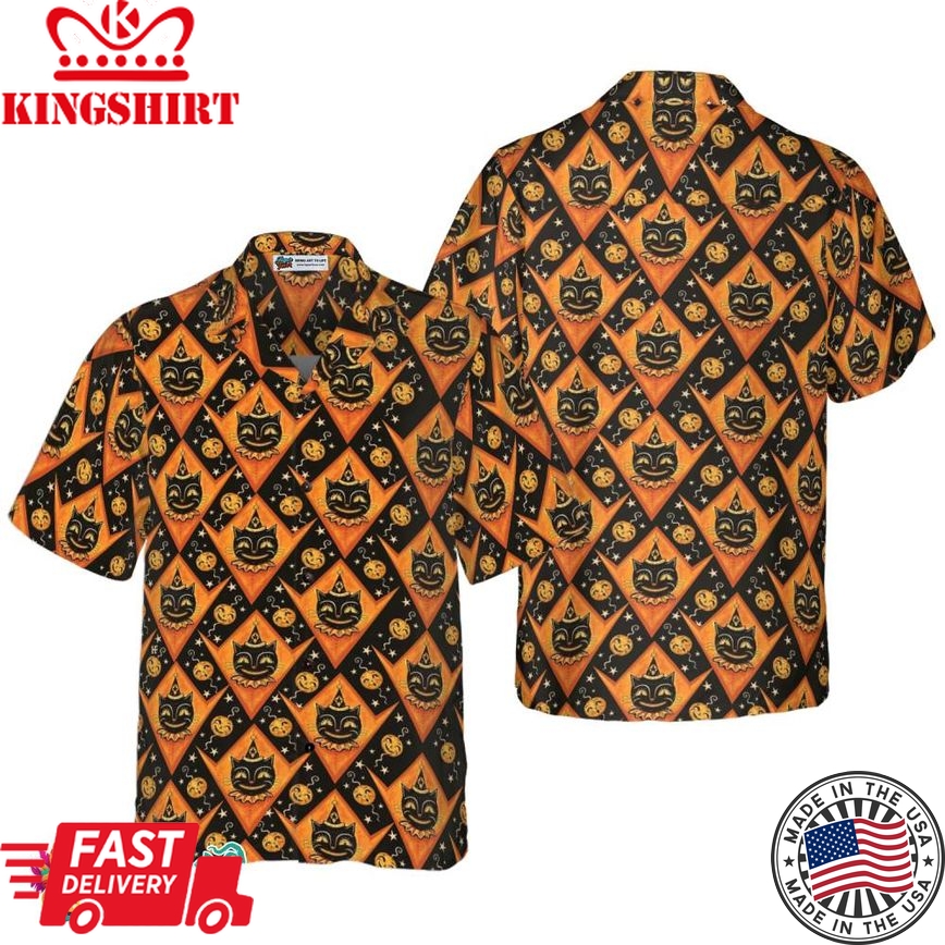 Grinning Black Cats Halloween Hawaiian Shirt For Men, Black And Pumpkin Orange Harlequin Pattern Hawaiian Shirt