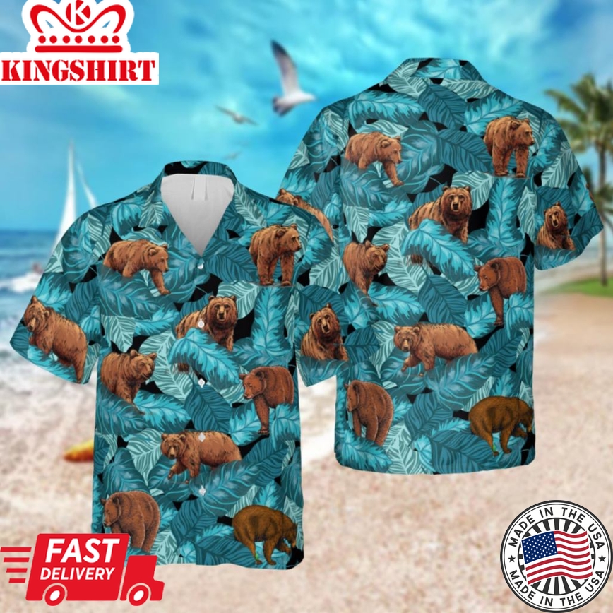 Grizzly Bear Trendy Hawaiian Shirt, 3D Beach Shirt