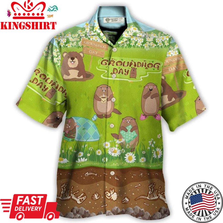 Groundhog Day Happy Spring Day With Grass Flowers Hawaiian Shirt