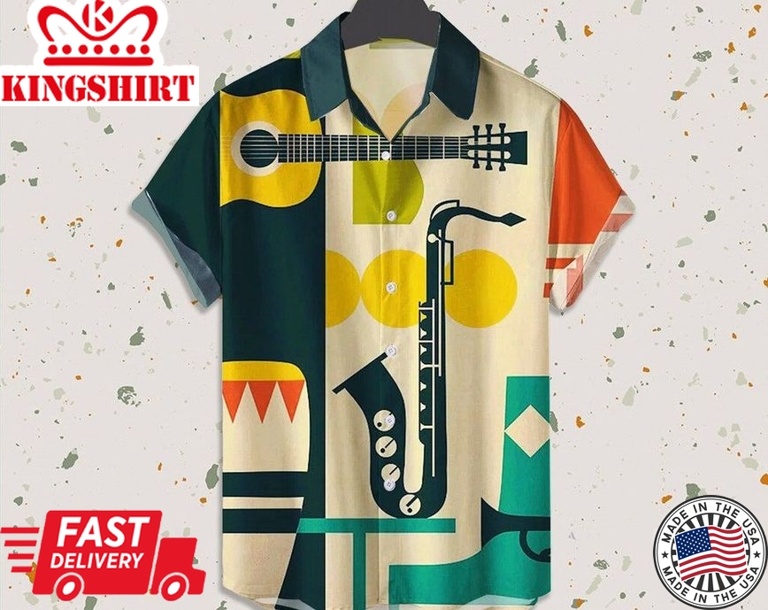 Guitar & Saxophone Print Trendy Hawaiian Shirt, Tropical Beach Shirt Button Down Shirt, Hawaiian Set Gift, Gifts For Bachelor Party, Shirt Funny.