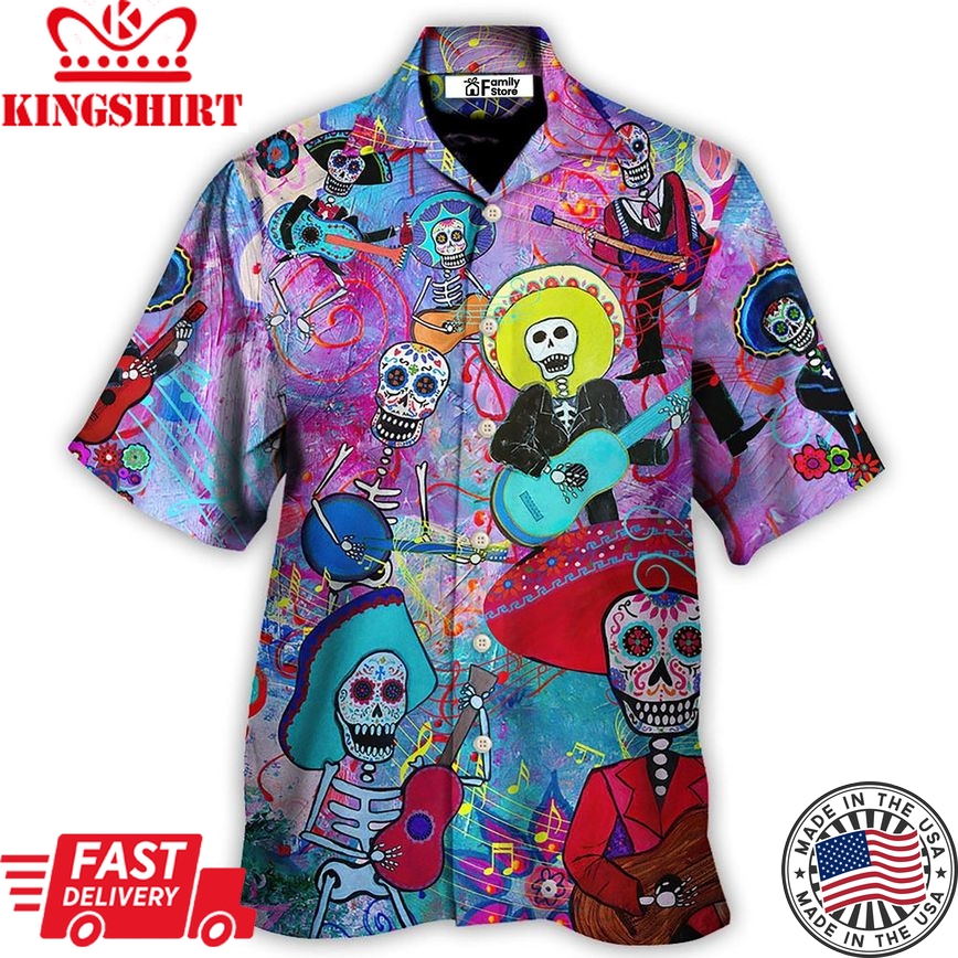 Guitar Day Of The Dead Sugar Skull Hawaiian Shirt