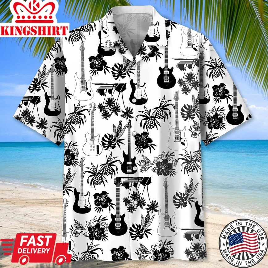 Guitar Hawaiian Shirt Black And White Pineapples Hibiscus