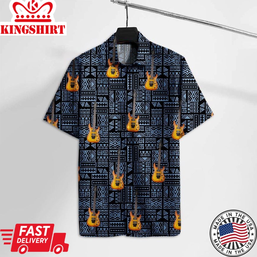 Guitar Hawaiian Shirt Music Electric Guitar Blue Pattern Hawaii Tshirt