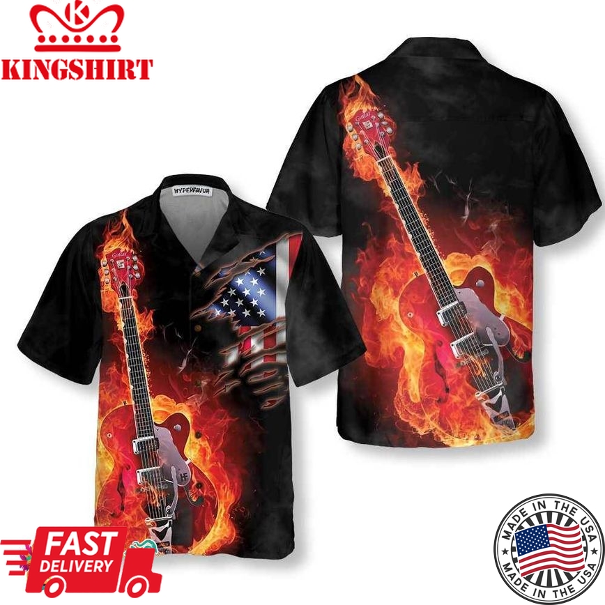 Guitar On Fire Hawaiian Shirt, American Flag Fire Guitar Shirt