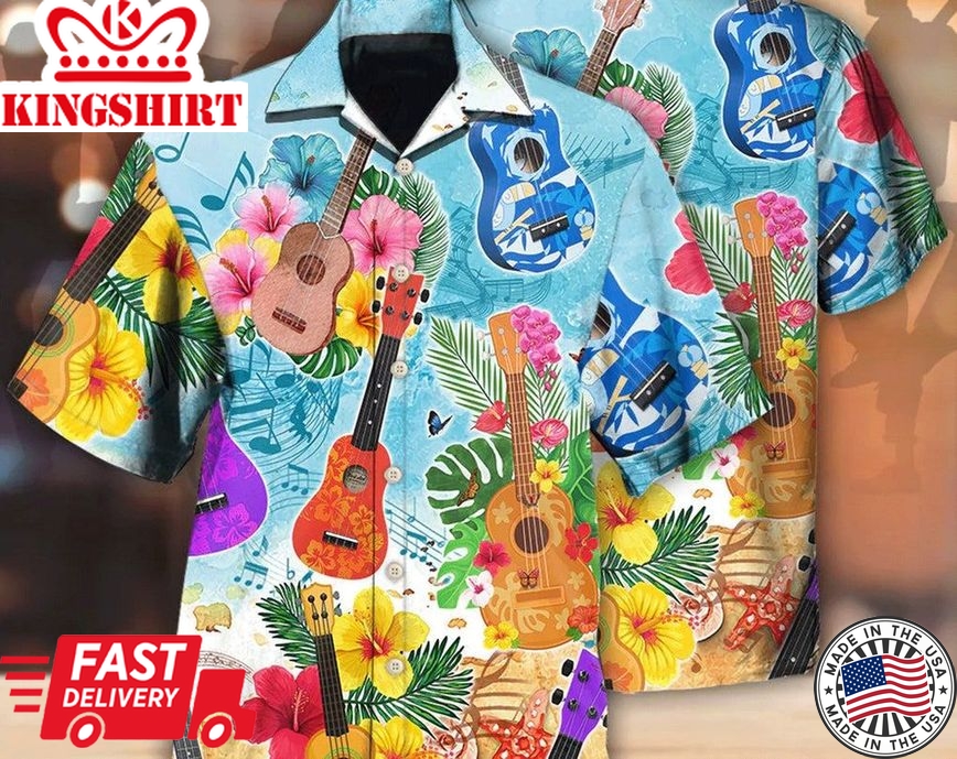 Guitar Tropical Hawaii Ukulele - Trendy Hawaiian Shirt, Aloha Tropical Hawaii Shirt, Gift For Family, Hawaiian Set Gift, Funny Trendy Hawaiian Shirt.