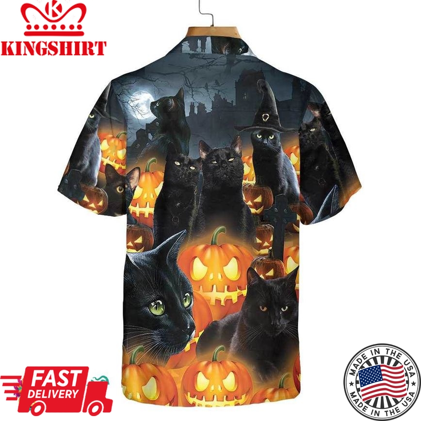 Halloween Black Cat & Pumpkin Hawaiian Shirt, Spooky Halloween Shirt For Men And Women