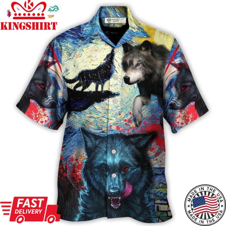 Halloween Black Wolf Crazy Starry Night Blood Art Style Hawaiian Shirt