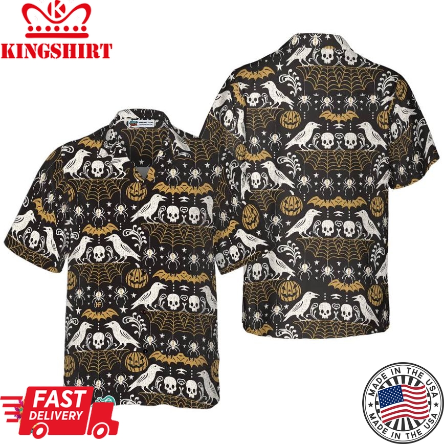 Halloween Eve Black Hawaiian Shirt For Men, Pumpkin Bat Crow Spider Web Skull Hawaiian Shirt