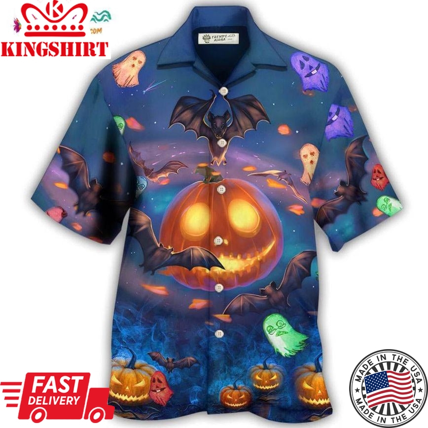 Halloween Glowing Pumpkins By Night With Bat Hawaiian Shirt