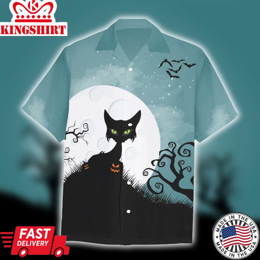 Halloween Horror Cat Trendy Hawaiian Shirt, Unisex Print Aloha Short Sleeve Casual Shirt