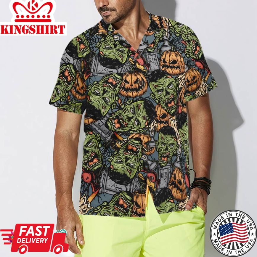 Halloween Monsters Hawaiian Shirt For Men, Rip Grave Board Frankenstein And Jack-O'-Lantern Pumpkin Hawaiian Shirt