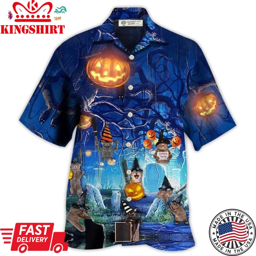 Halloween Night Cat Blue Hawaiian Shirt