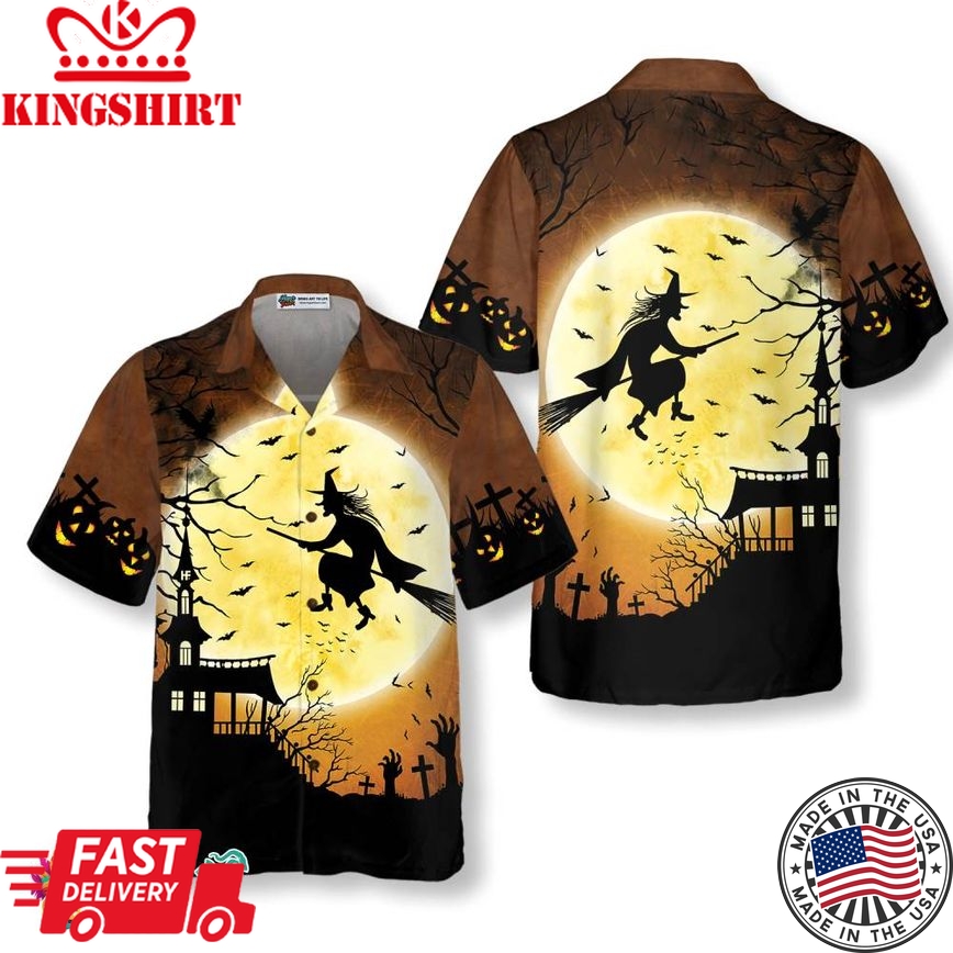 Halloween Night Flying Witch Over A Castle Hawaiian Shirt, Full Moon Pumpkin Graveyard Zombie Hawaiian Shirt For Men