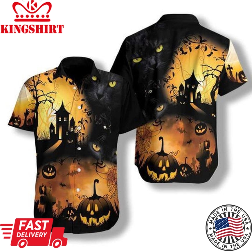 Halloween Night With Black Cat Trendy Hawaiian Shirt, Unisex Print Aloha Short Sleeve Casual Shirt