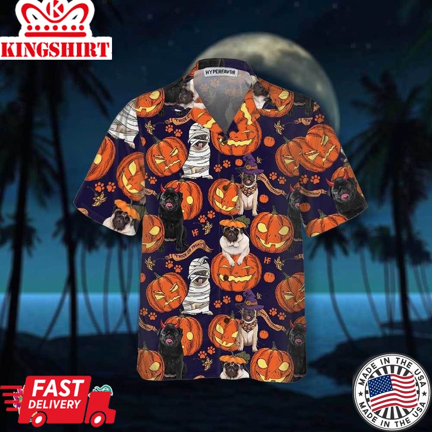 Halloween Pug Dog With Pumpkin Hawaiian Shirt, Unique Pug Shirt For Halloween