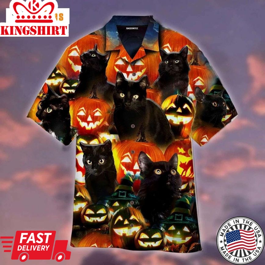 Halloween Pumkin Black Cats, Cat Trendy Hawaiian Shirt Perfect Gifts For Your Loved Ones