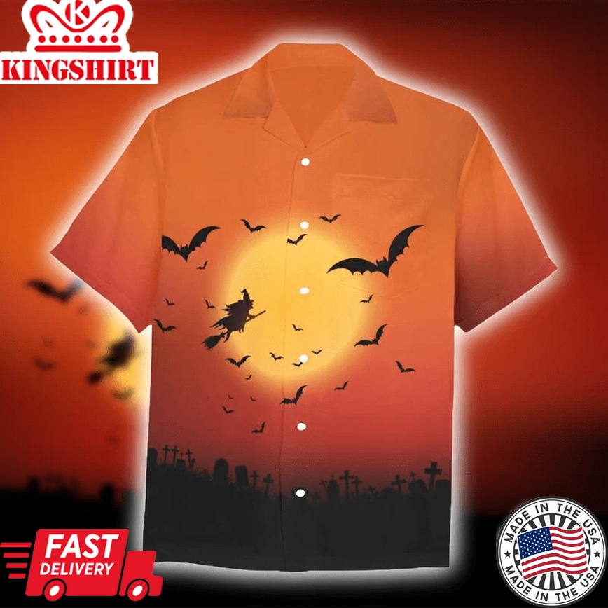 Halloween Witch Flying Trendy Hawaiian Shirt, Unisex Print Aloha Short Sleeve Casual Shirt