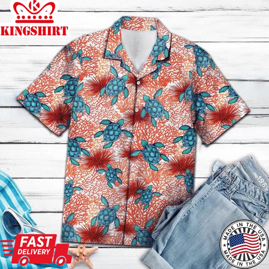 Hand Drawn Blue Turtle Coral Reef Pattern Hawaiian Shirt